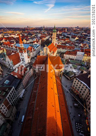 .Aerial top view of Munich city, St. Peter's Church, old town hall and historic buildings, Germany 101158281
