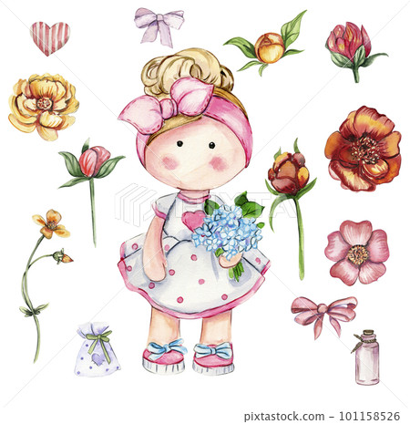 Watercolor hand drawn cute doll Tilda with flower.Hand drawn watercolor illustration isolated on white.Designf for baby shower party,birthday,cake,holiday celebration design,greetings card,invitation. Watercolor hand drawn cute doll Tilda with flower.Hand drawn watercolor illustration isolated on white.Designf for baby shower party,birthday,cake,holiday celebration design,greetings card,invitation. 101158526