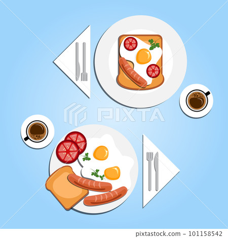 Served breakfast for two. Fried eggs with tomato, toast, sausage, and parsley on two plates with two cups of coffee isolated on a blue background. Top view paper cut out vector illustration Served breakfast for two. Fried eggs with tomato, toast, sausage, and parsley on two plates with two cups of coffee isolated on a blue background. Top view paper cut out vector illustration 101158542