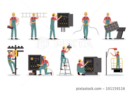 Vector illustration set of electrical workers. Illustration for website, landing page, mobile app, poster and banner. Trendy flat vector illustration Vector illustration set of electrical workers. Illustration for website, landing page, mobile app, poster and banner. Trendy flat vector illustration 101159116