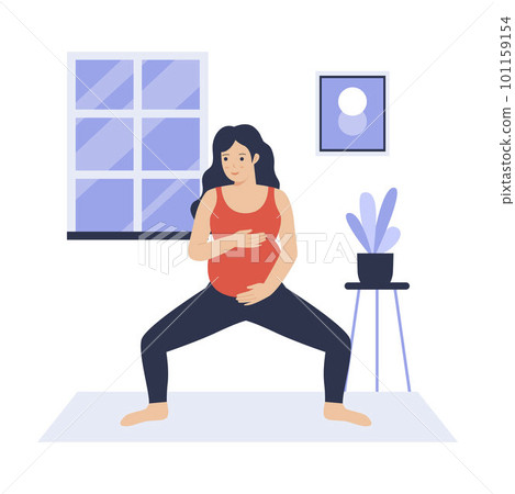 Flat design of pregnant woman practicing yoga at home. Illustration for websites, landing pages, mobile apps, posters and banners. Trendy flat vector illustration 101159154
