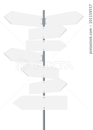 Road, traffic signs. Highway signboard on metal pole. Blank white board with place for text. Directional signage and wayfinder. information sign vector mockup. 101159557