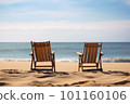 Two chairs on beach near the ocean on ready for honeymoon couple. Generative AI 101160106