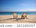 Two chairs on beach near the ocean on ready for honeymoon couple. Generative AI 101160107