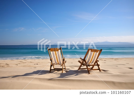 Two chairs on beach near the ocean on ready for honeymoon couple. Generative AI Two chairs on beach near the ocean on ready for honeymoon couple. Generative AI 101160107