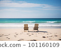Two chairs on beach near the ocean on ready for honeymoon couple. Generative AI 101160109
