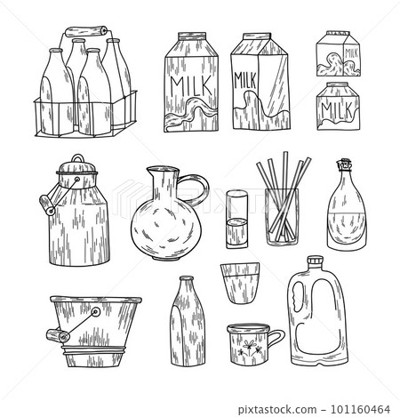 Set of illustrated containers for milk and dairy products. Packs, glasses, bottles, jars, buckets Set of illustrated containers for milk and dairy products. Packs, glasses, bottles, jars, buckets 101160464