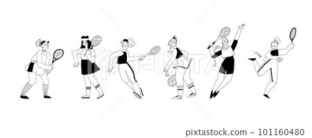 Set of tennis players in sportswear with rackets and balls in their hands. Collection of linear black and white images. Set of tennis players in sportswear with rackets and balls in their hands. Collection of linear black and white images. 101160480