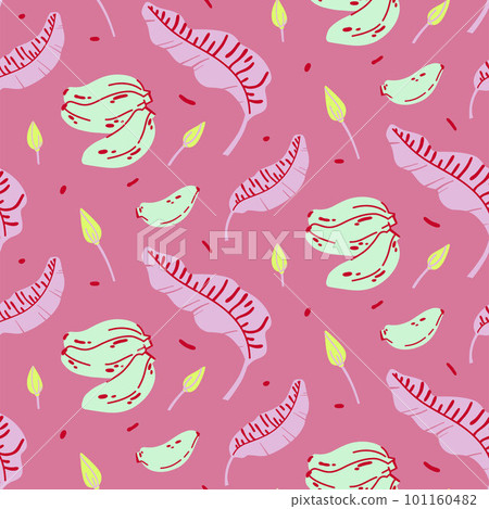 Neon pattern with banana leaves flowers and fruits in red and green colors 101160482