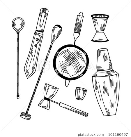 A set of bar accessories. Barspoon, Boston Shaker, Channel Knife, Strainer, Jigger. 101160497