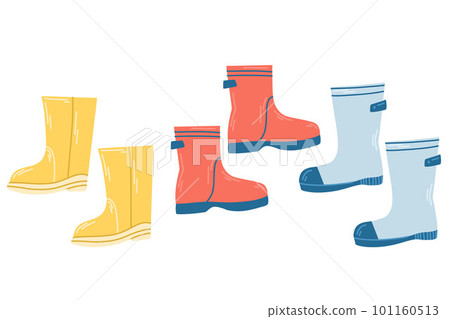 A set of paired multi colored rubber boots, wellington, brodnies, galoshes. A set of paired multi colored rubber boots, wellington, brodnies, galoshes. 101160513