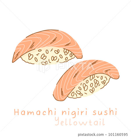 Portioned hamachi nigiri sushi with yellowtail on rice side view and three quarter view 101160595