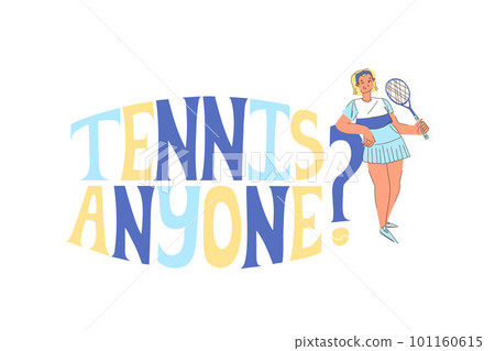 Multi-colored lettering with a girl with a racket standing next to her in a flat-style sports skirt. Multi-colored lettering with a girl with a racket standing next to her in a flat-style sports skirt. 101160615