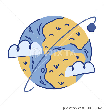 Stylized illustration of the planet Earth with clouds and the moon revolving around it 101160629