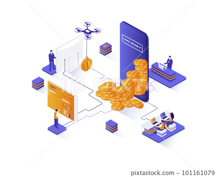 Mobile banking isometric web banner. Fintech mobile application for financial management isometry concept. Online payment and accounting 3d scene design. Illustration with people characters. 101161079