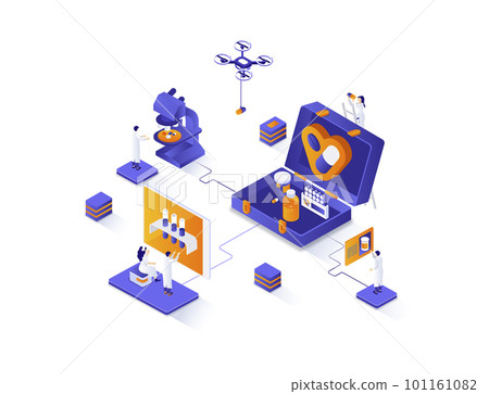 Medicine isometric web banner. Medical engineering and technology isometry concept. Pharmaceutical industry research, drugs development 3d scene design. Illustration with people characters. 101161082
