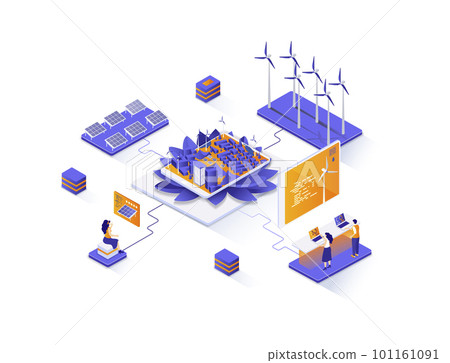 Green city isometric web banner. Alternative power generation isometry concept. Solar battery and wind turbine 3d scene, green energy technology flat design. Illustration with people characters. 101161091