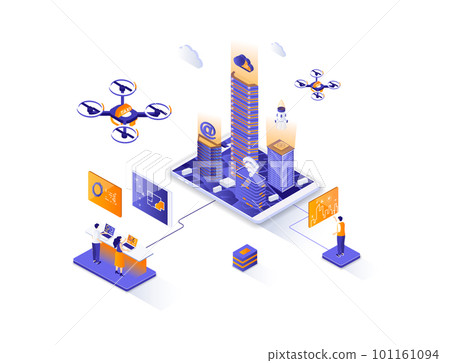 Futuristic megapolis isometric web banner. Smart city, urban hitech solution isometry concept. Modern architecture and digital technologies 3d scene design. Illustration with people characters. 101161094