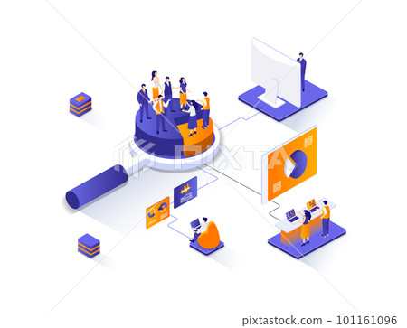 Focus group isometric web banner. Market research isometry concept. Collective discussion and feedbacks 3d scene, focused interview of consumers flat design. Illustration with people characters. 101161096