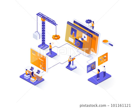 Developers team isometric web banner. Full stack software development company isometry concept. App engineering, programming and testing 3d scene design. Illustration with people characters. 101161121