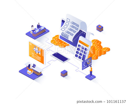 Accountant isometric web banner. Business accounting and audit isometry concept. Budgeting and tax calculation 3d scene, financial management flat design. Illustration with people characters. 101161137