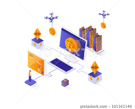 Cryptocurrency technology isometric web banner. Cryptography and blockchain fintech solution isometry concept. Cryptocurrency mining software 3d design. Illustration with people characters. Cryptocurrency technology isometric web banner. Cryptography and blockchain fintech solution isometry concept. Cryptocurrency mining software 3d design. Illustration with people characters. 101161140