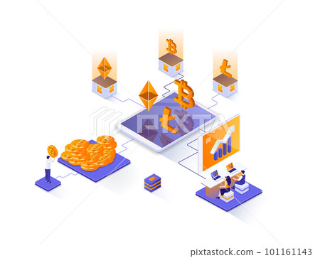 Cryptocurrency investment isometric web banner. Trading and exchange cryptocurrency isometry concept. Capital investing, blockchain technology 3d scene. Illustration with people characters. Cryptocurrency investment isometric web banner. Trading and exchange cryptocurrency isometry concept. Capital investing, blockchain technology 3d scene. Illustration with people characters. 101161143