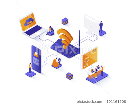 Wireless technology isometric web banner. WiFi network communication isometry concept. Internet sharing 3d scene, gadgets network connection flat design. Illustration with people characters. 101161208