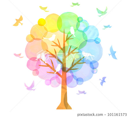 Colorful trees and small birds watercolor rainbow color 101161573