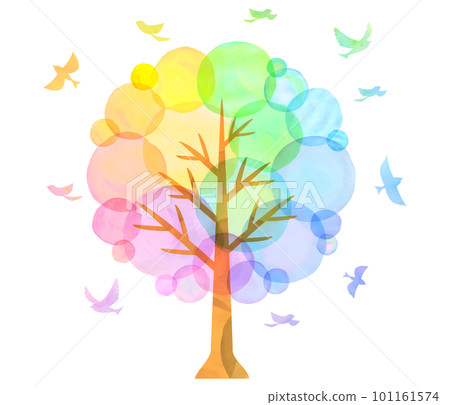 Colorful trees and small birds watercolor rainbow color 101161574