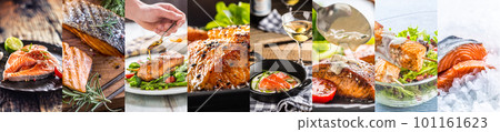 Salmon meals food concept of finished dishes displayed in a banner format collage Salmon meals food concept of finished dishes displayed in a banner format collage 101161623