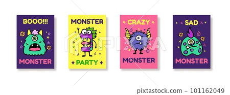 Crazy funny monsters, cute posters. Boy or girl t-shirt prints, graphic quotes, cool creative stickers with slogan, urban apparel, scary horn toys, halloween mutants. Vector tidy tiny cartoon set 101162049