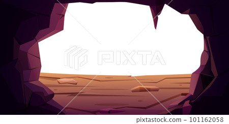 Cartoon cave. Stone frame for game design. Entrance with stonewalls. Mine or tunnel in mountain. Empty space. Natural cavern entrance. Granite cliffs hole border. Vector recent illustration background 101162058