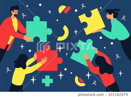 Business teamwork, puzzle team, male and female employee working. Partnership and support, characters building corporate communication, men and women brainstorming. Vector cartoon flat tidy concept 101162074