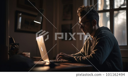 Young business man working at home with laptop and papers on desk.Generative AI. Young business man working at home with laptop and papers on desk.Generative AI. 101162494
