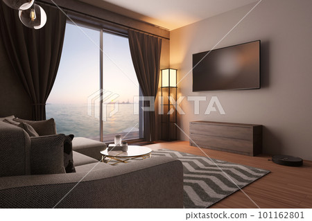 3D rendering living room, gray sofa, TV, robot vacuum cleaner, coffee table and cabinet, decorations, green plant in pot. beautiful view in window to sea. 101162801