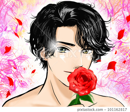 A color illustration in which a half-naked man with a handsome black hair perm in a manga style seduces a rose in his hand. 101162817