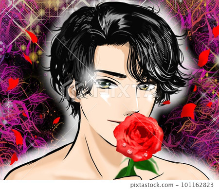 A color illustration in which a half-naked man with a handsome black hair perm in a manga style seduces a rose in his hand. 101162823