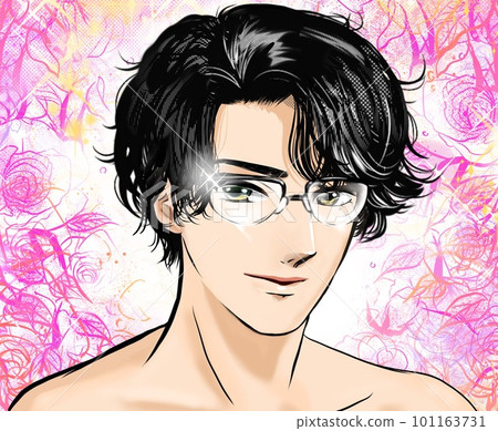 Cartoon-style handsome black-haired perm, color illustration seduced by a half-naked man wearing glasses and a background of falling snowflakes Cartoon-style handsome black-haired perm, color illustration seduced by a half-naked man wearing glasses and a background of falling snowflakes 101163731