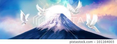 A symbol of peace A landscape illustration of white doves flying harmoniously around Mt. Fuji 101164003
