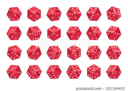 Red dice cubes. Isometric casino gambling pieces, backgammon, board games and poker dice 3d vector illustration set 101164455