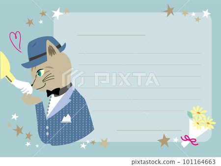 Vector illustration template of a tabby cat kissing the back of the hand on a date under the starry sky Light blue with line 101164663