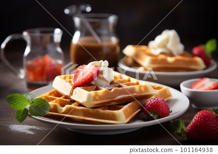 Tasty breakfast waffles. Fruit food. Generate Ai 101164938
