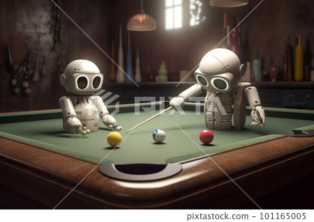 Cute robots play pool. Snooker table. Generate Ai Cute robots play pool. Snooker table. Generate Ai 101165005