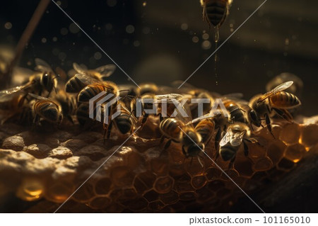 Working bees inside hive. Wings nectar. Generate Ai Working bees inside hive. Wings nectar. Generate Ai 101165010