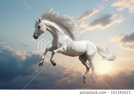 Pegasus flying on sunset sky. Myth creature. Generate Ai 101165021