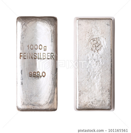 Silver bar, front and back side, isolated from above. Cast silver ingot of 1000 gram, about 32 troy oz of pure metal. Real money, a store of value and traditional way of investing in precious metals. 101165561