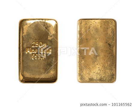 Gold bar, front and back side, isolated from above. Cast gold ingot, bullion of 250 gram, about 8 troy oz of pure metal. Real money, store of value and traditional way of investing in precious metals. Gold bar, front and back side, isolated from above. Cast gold ingot, bullion of 250 gram, about 8 troy oz of pure metal. Real money, store of value and traditional way of investing in precious metals. 101165562