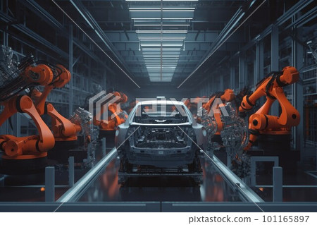 Robot assembly car. Robot factory line. Generate Ai Robot assembly car. Robot factory line. Generate Ai 101165897