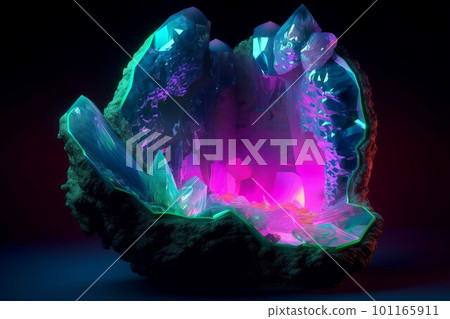 Neon glowing sulphuric crystals. Colorful reflection. Generate Ai 101165911
